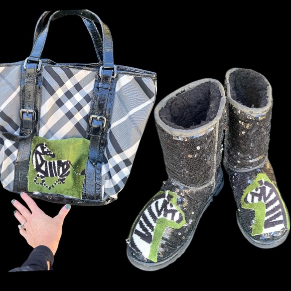 Stylish Black and Green Zebra Burberry Tote and Ugg Boots Set SALE ❄️🎉🎄🎄